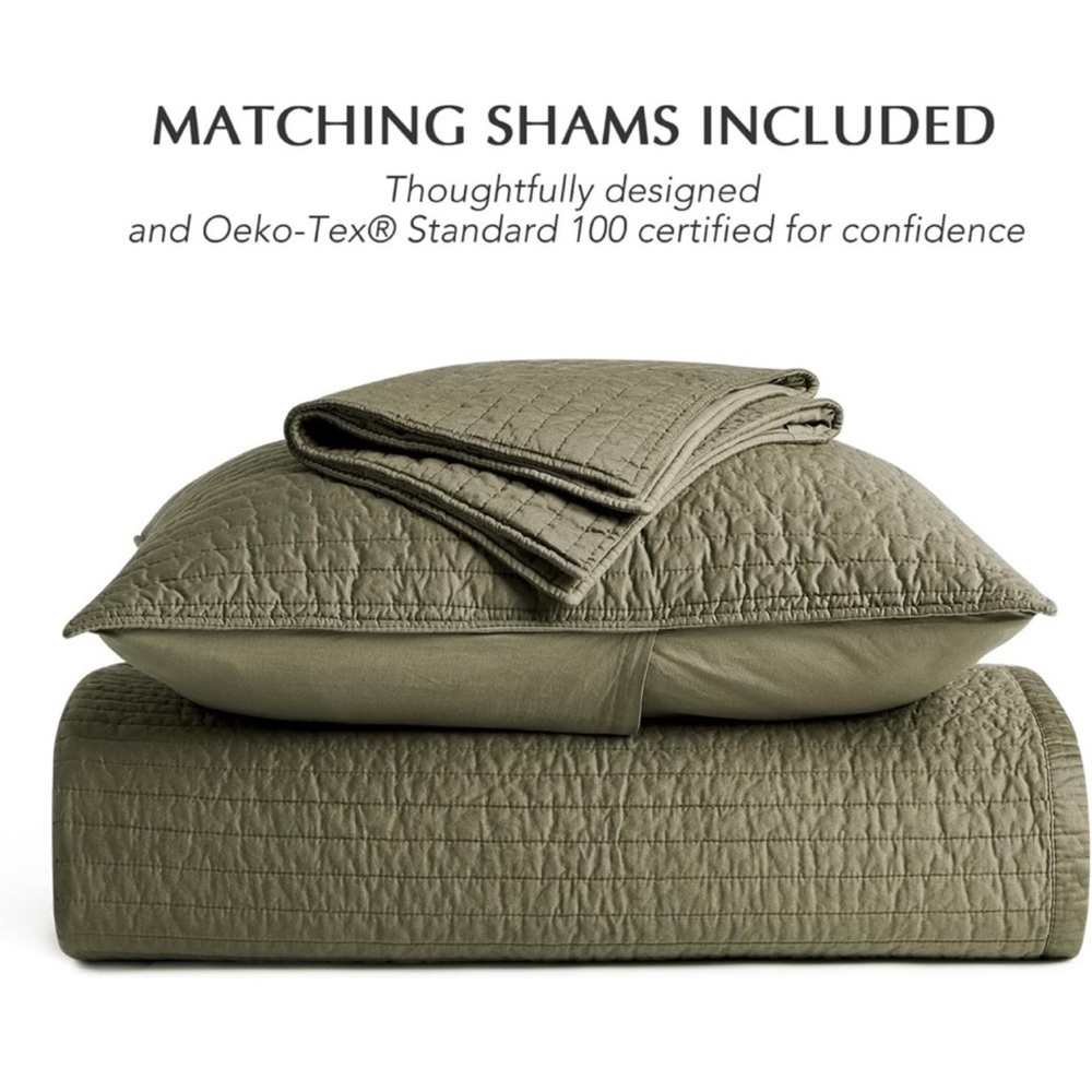 🆕 PB Style Quilt Set Olive Green Sateen Cotton Channel Queen 3 Piece Bedding NEW - Picture 6 of 10